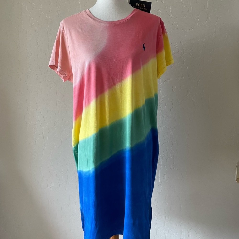 🎉HP🎉New! Polo Ralph Lauren Cotton Tie Dye Rainbow Ombre TShirt Dress Womens XL - Picture 7 of 14